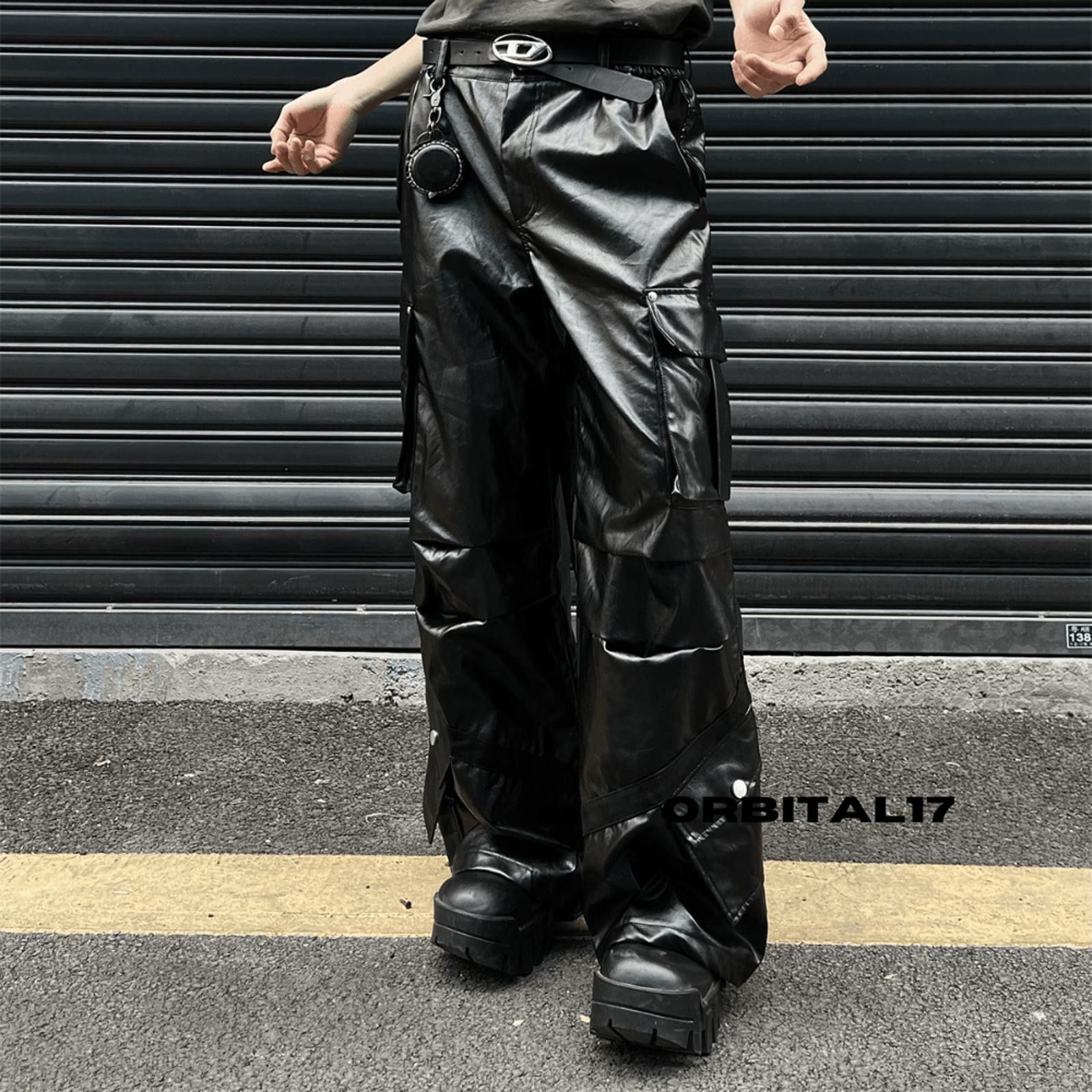 Black Cargo Baggy Stacked Flare PU Leather Jeans