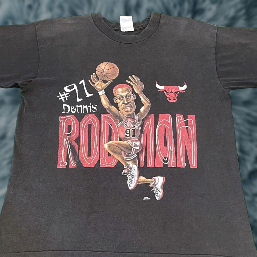VINTAGE Chicago Bulls Denis Rodman Cartoon T-Shirt 90s Black Adult