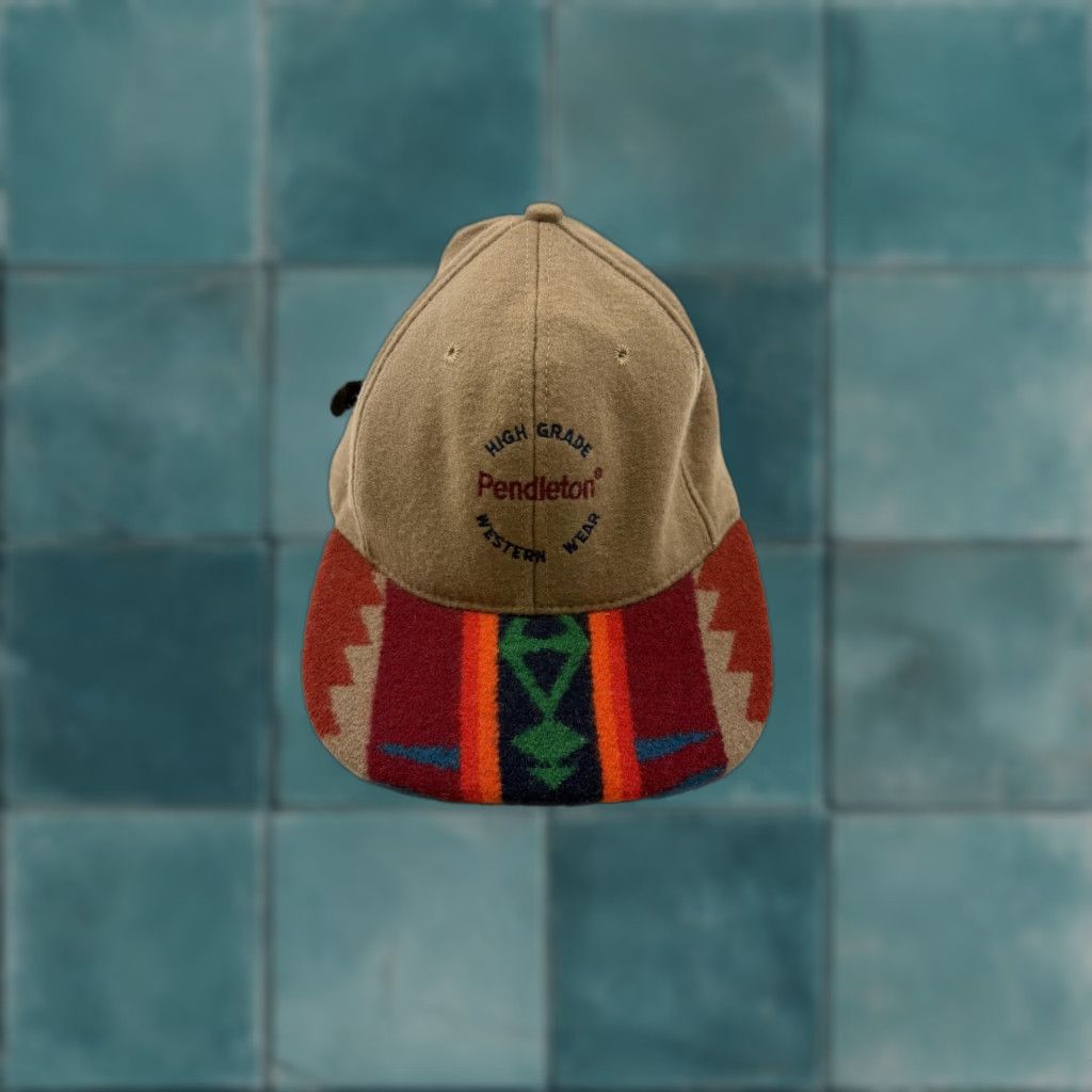 Pendleton VINTAGE Pendleton Hat Cap Strap Back Tan Wool Southwestern Brim Mens 80s 90s Size ONE SIZE - 1 Thumbnail