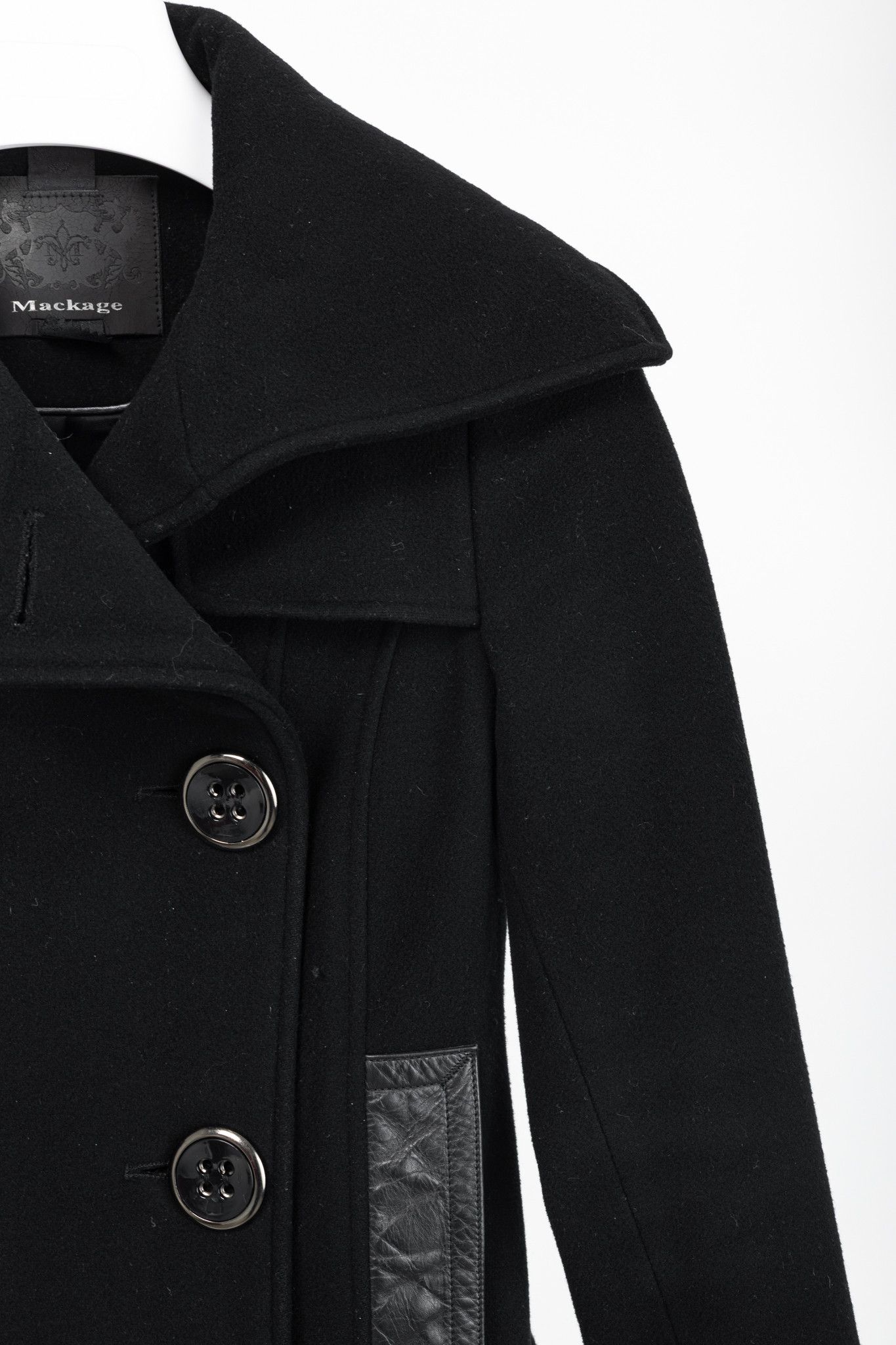 Mackage Mackage Black Wool Leather-Trim Buttoned Coat Size XXS / US 00 / IT 34 - 5 Thumbnail