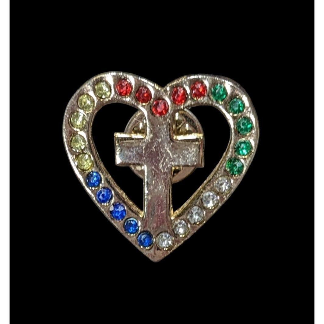 Other Religious Cross Heart Lapel Pin With Rainbow Rhinestones Size ONE SIZE - 1 Thumbnail
