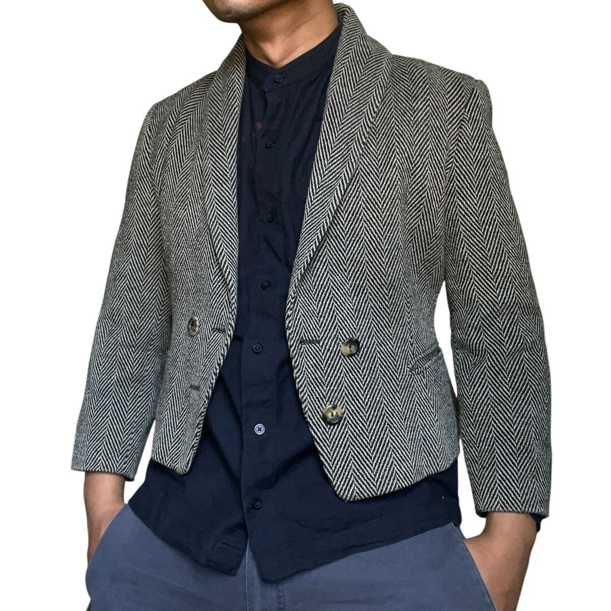 Jil Sander 🇩🇪RARE 80s Women’s Jil Sander Wool Herringbone Cropped Blazer Size US XS / EU 42 / 0 - 2 Thumbnail