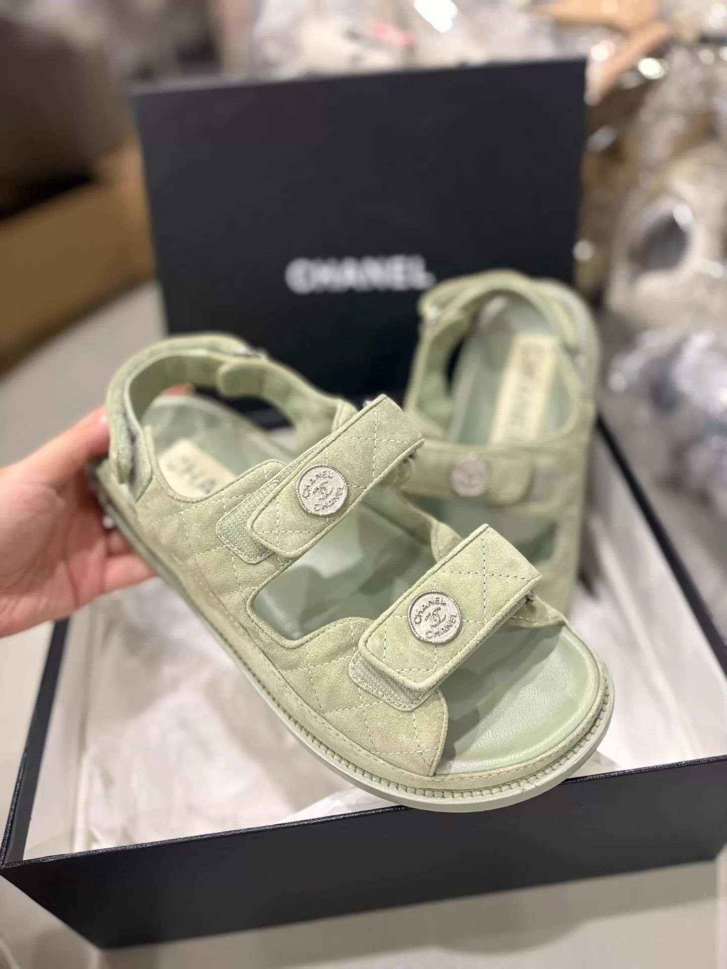 Chanel CHANEL Women's Avocado Suede Velcro Sandals EUR 37 Size US 6.5 / IT 36.5 - 4 Thumbnail