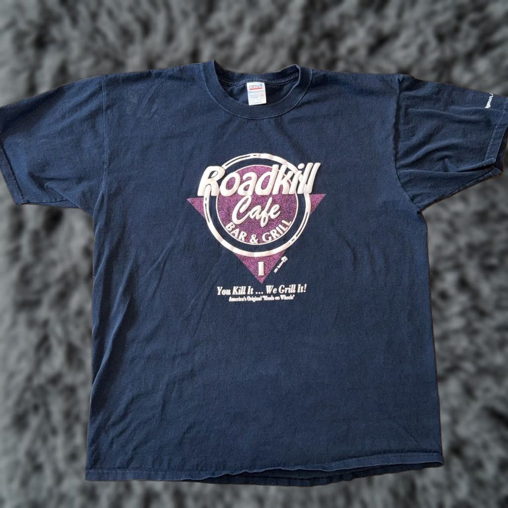 Anvil VINTAGE 90s Roadkill Cafe Bar Grill Menu Mens T Shirt Black XL You Kill We Grill Size US XL / EU 56 / 4 - 1 Thumbnail
