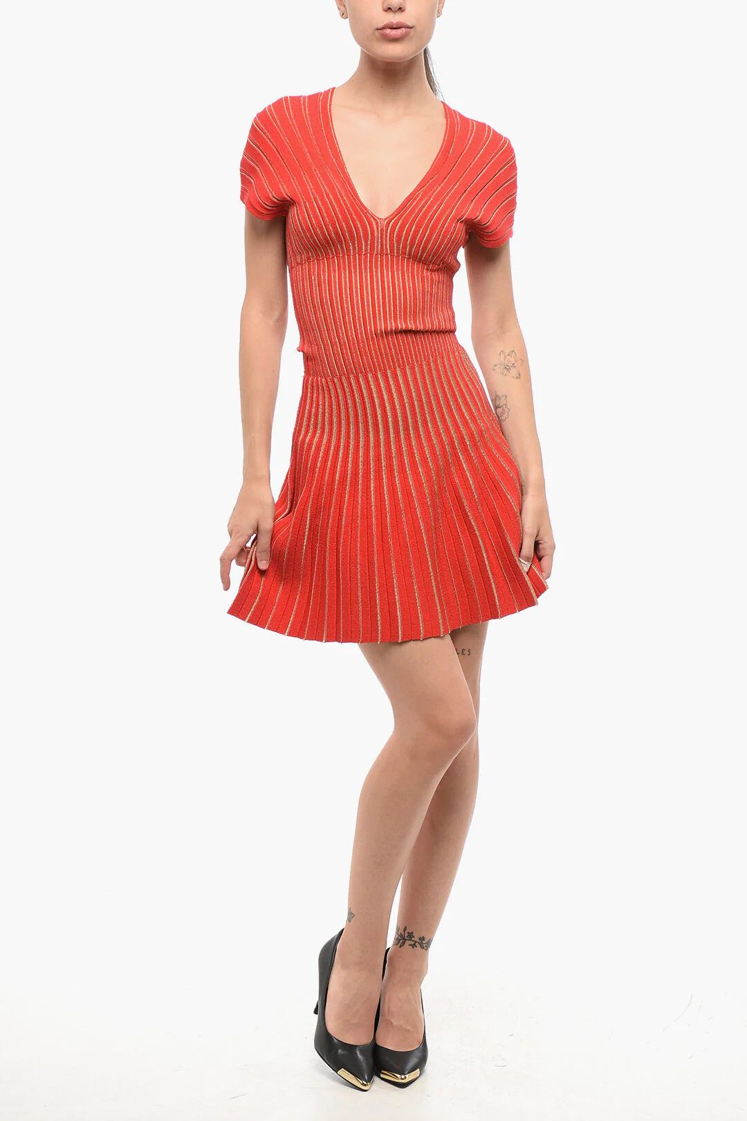 Balmain og1mm0326 V-Neck Pleated Mini Dress in Red Size S / US 4 / IT 40 - 1 Thumbnail
