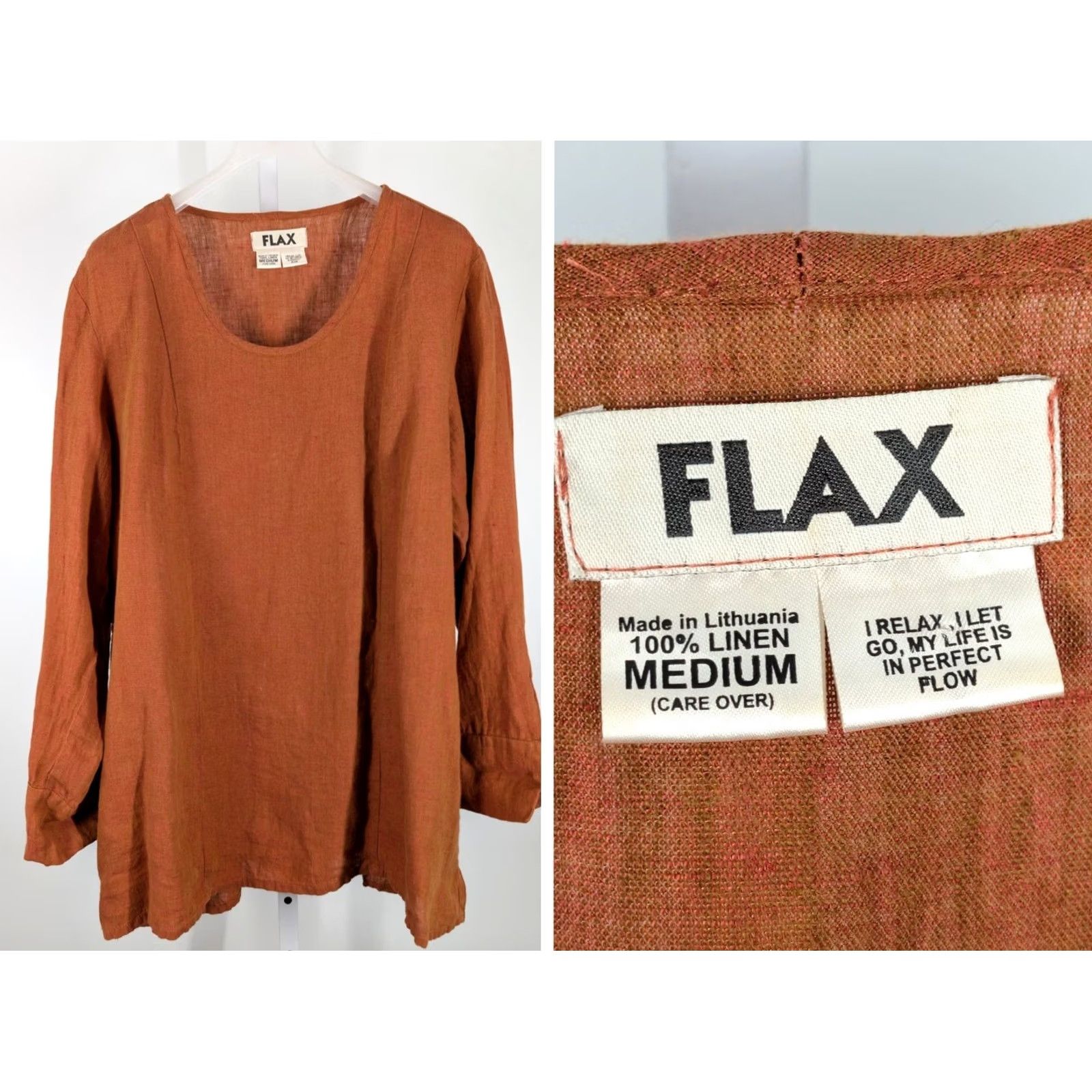 FLAX VINTAGE FLAX Tunic Women M RS Orange 100% Linen Long Sleeve Lagenlook Lithuania Flax Burnt Rust 100% Linen Tunic Top Size M / US 6-8 / IT 42-44 - 2 Thumbnail