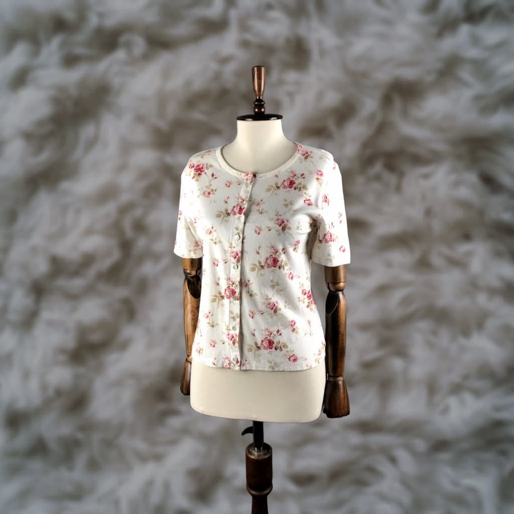 Laura Ashley Laura Ashley Women's Blouse Size M Ivory 100% Cotton Floral Short Sleeve Button-Up Top Casual Classic Shirt Womens Size M / US 6-8 / IT 42-44 - 1 Thumbnail