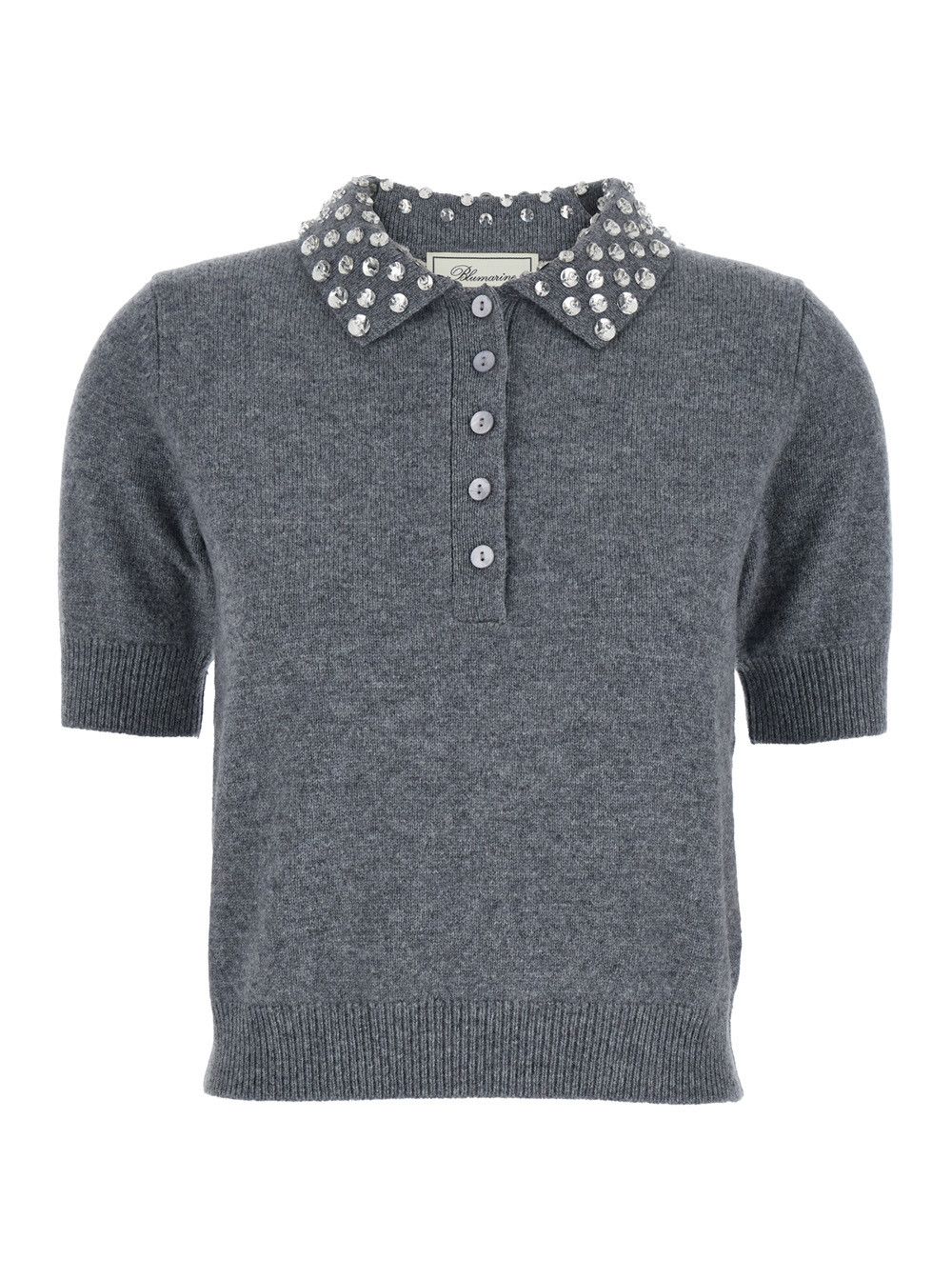 Grey Polo Shirt with Collar Beaded in Wool Woman