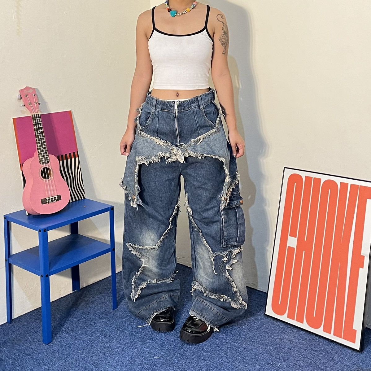 Japanese Brand Distressed patchwork star denim wide-leg jeans blue Size US 29 - 1 Thumbnail