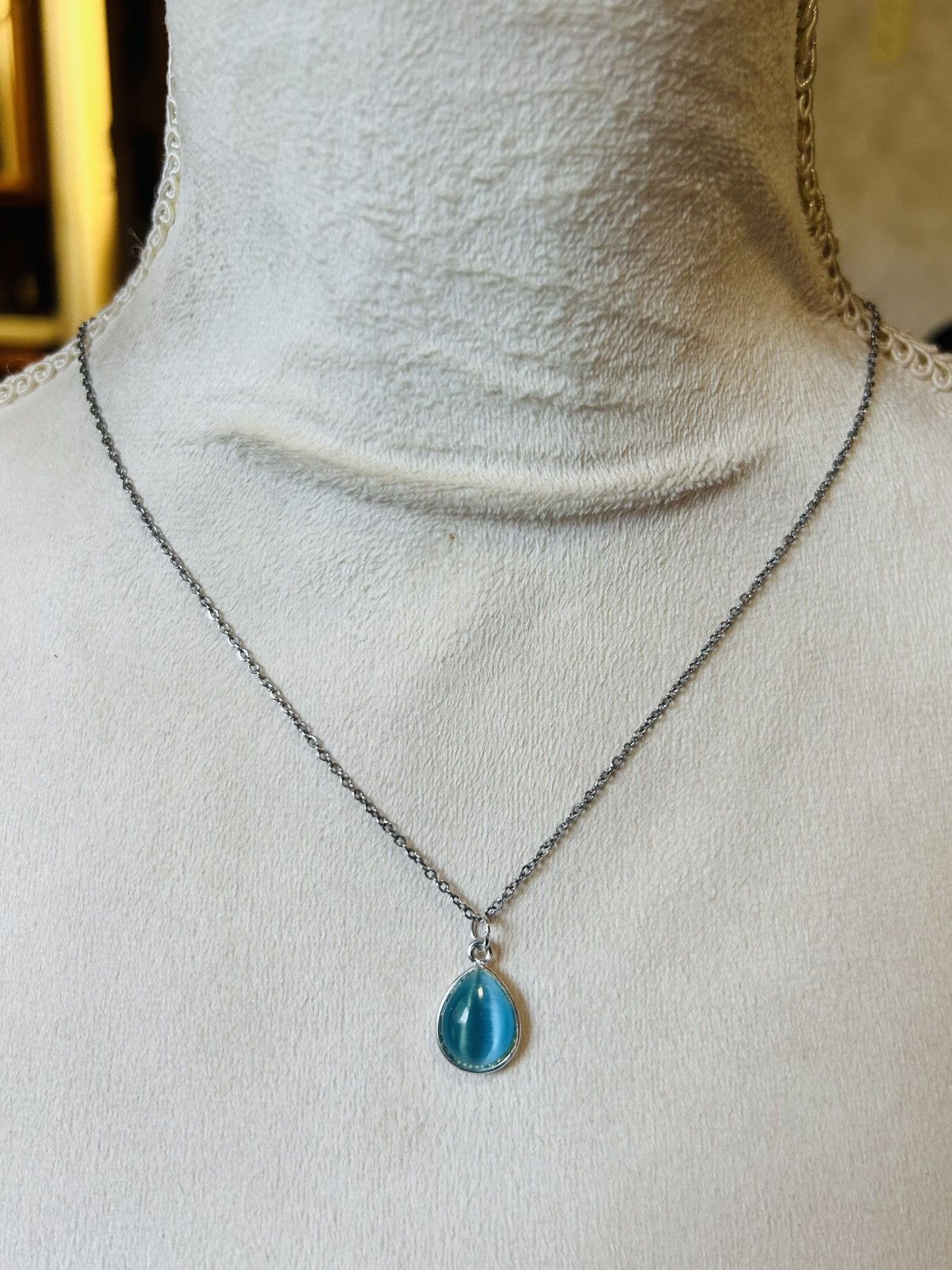 Handmade Handcrafted raindrop blue cat eye glass pendant necklace Size ONE SIZE - 2 Thumbnail