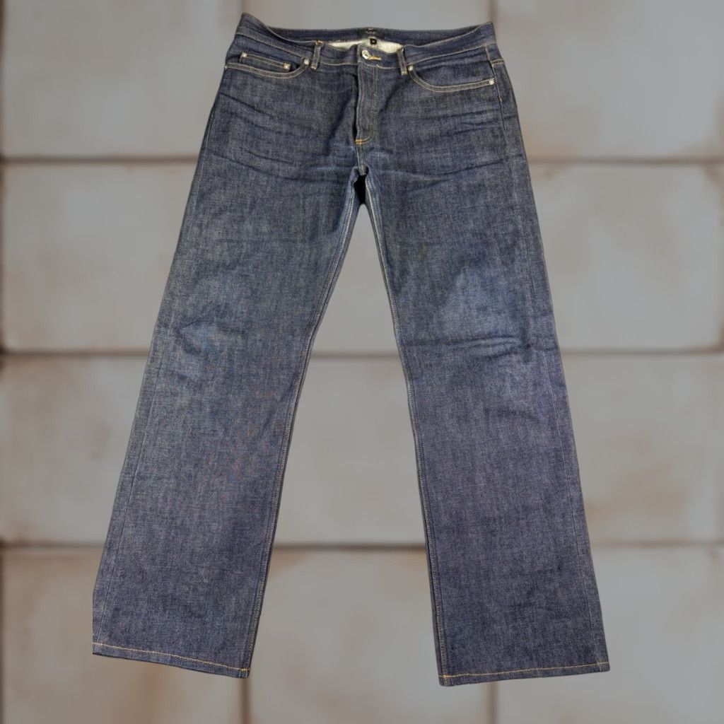 A.P.C. Jeans Mens 36x31 Blue Denim Button Fly Selvedge Medium Wash Jeans Straight Regular Size 36 Mens BMI?