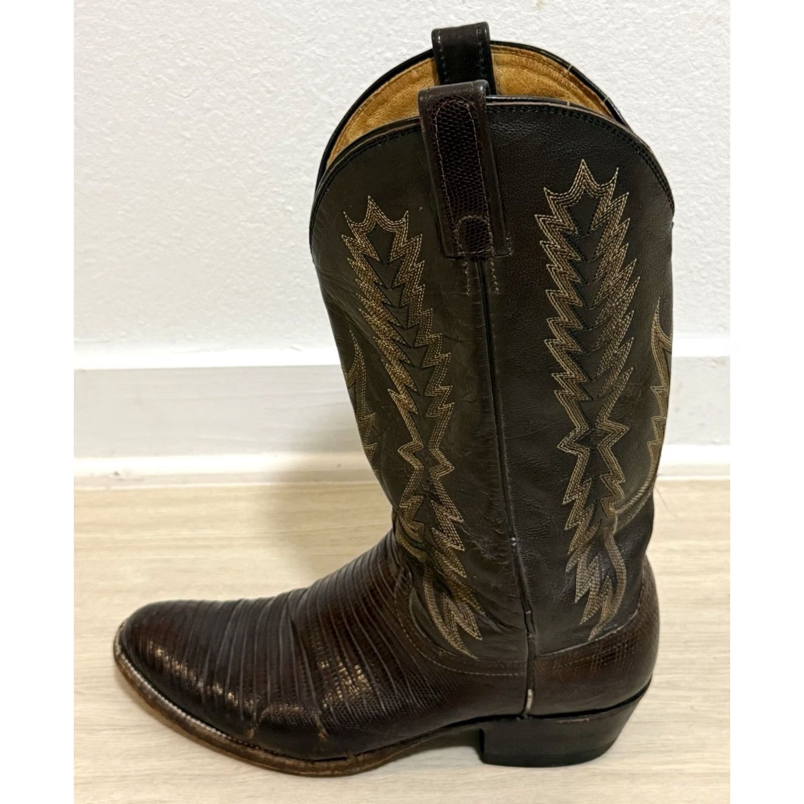 Dan Post VINTAGE Dan Post 16862 Boots Mid-Calf Brown Lizard Cowboy Leather Western Men 9.5D - 16862, Embroidered, Leather, Comfort, Cushioned, USA Size US 10 / EU 43 - 4 Thumbnail