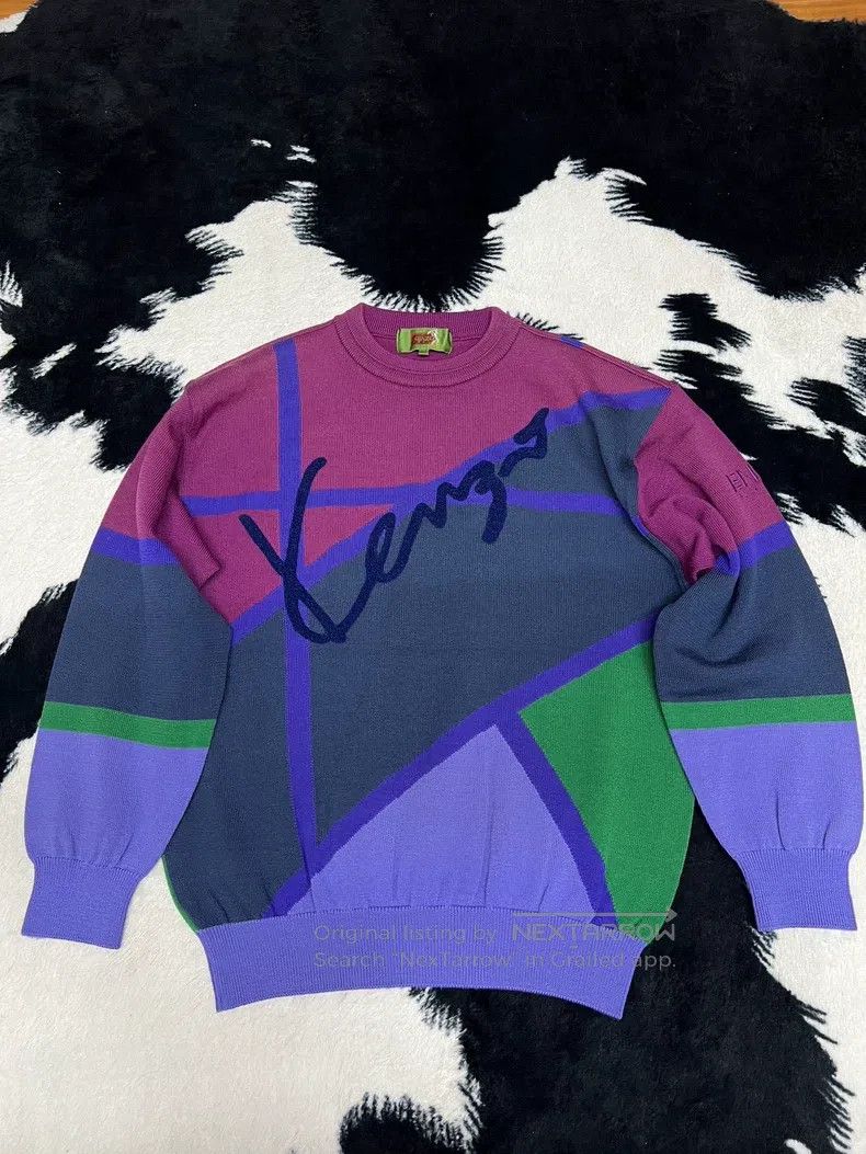 Kenzo 100% Wool Contrasting Color Sweater with Flock Logo