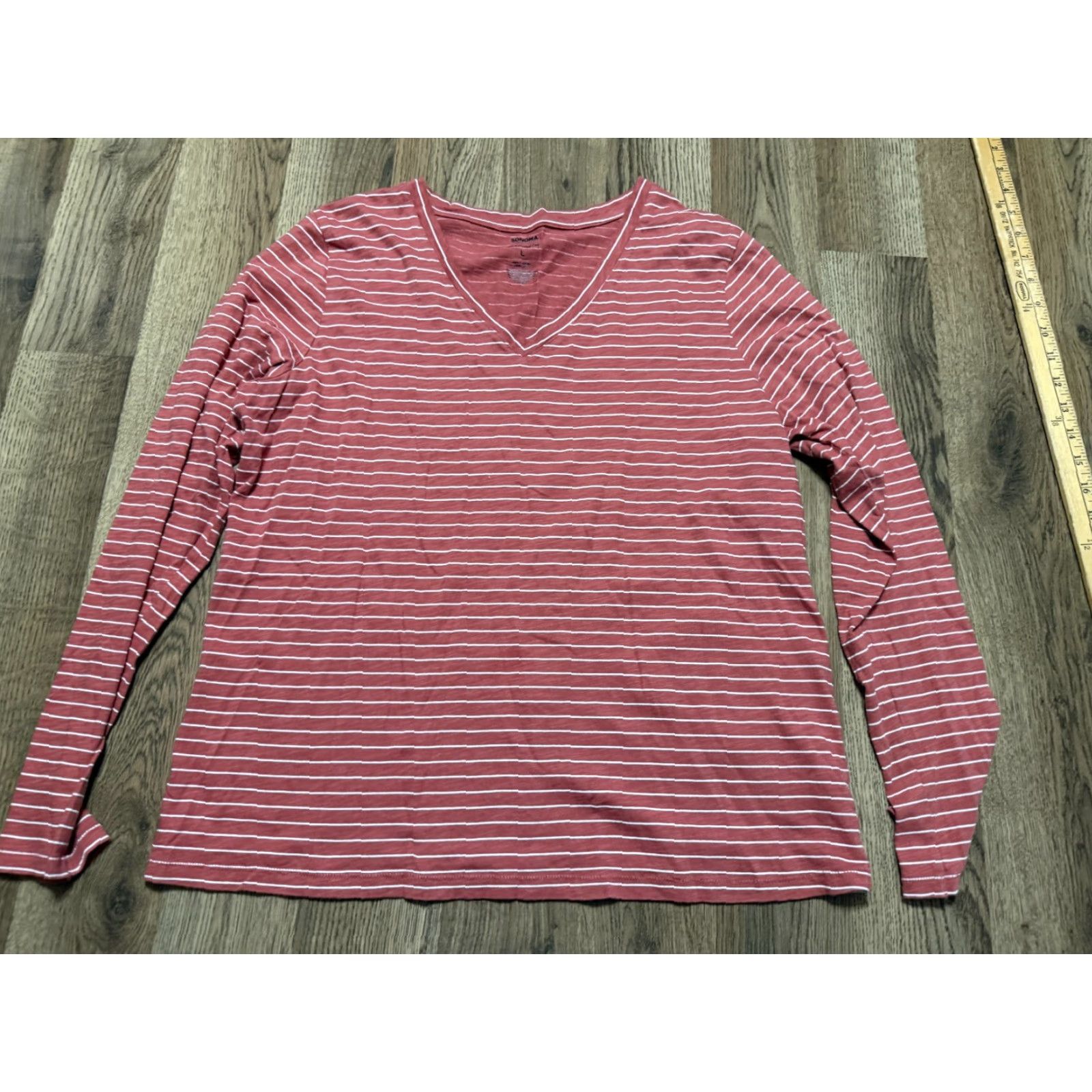 Vintage Sonoma Shirt Womens L Red White Striped V-Neck Long Sleeve Shirt Pullover Knit Cotton Casual Modern Basic Fall Spring Summer Modern Womens Size L / US 10 / IT 46 - 2 Thumbnail