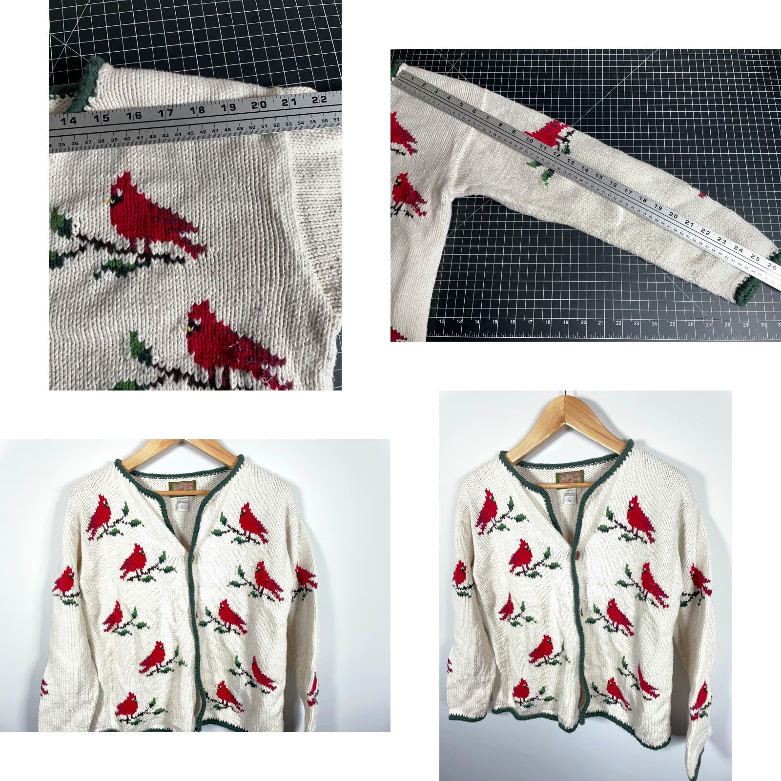 Vintage VINTAGE Leelanau Trail Cardigan Women's Large Ivory Cardinal Motif 100% Cotton Chunky Knit Long Sleeve Collared Mermaid? Size L / US 10 / IT 46 - 8 Thumbnail