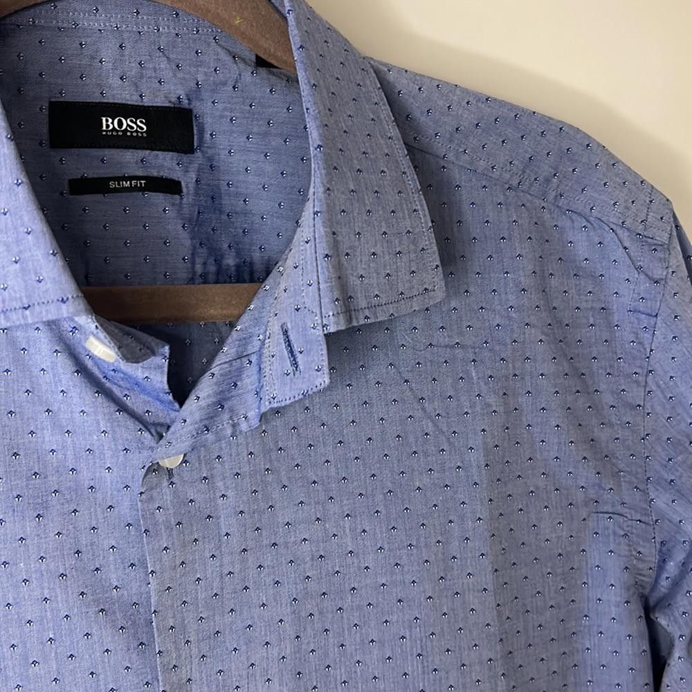 Hugo Boss Slim Fit -BOSS-size 15-Med Blue w/Diamond design-100% Ctn Size 38R - 3 Thumbnail