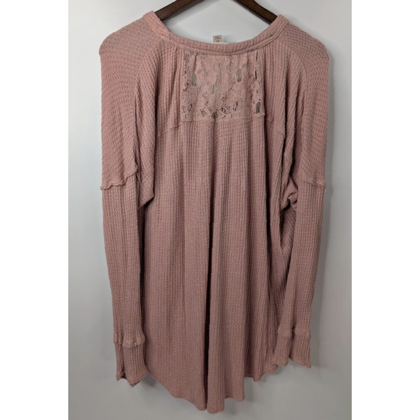 Vintage Knox Rose Women’s Pink Waffle Knit Thermal Tie Front Long Sleeve Lace Top XL Blouse Size XL / US 12-14 / IT 48-50 - 5 Thumbnail