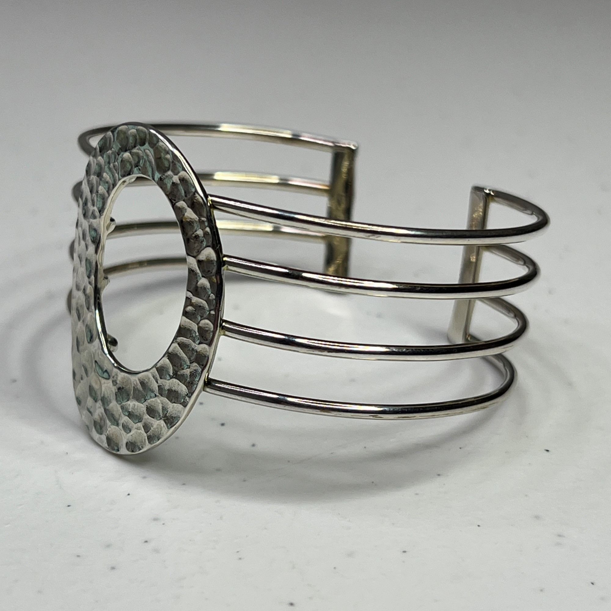 Designer Hammered Oval Sterling Silver Open Cuff Bracelet Size ONE SIZE - 3 Thumbnail