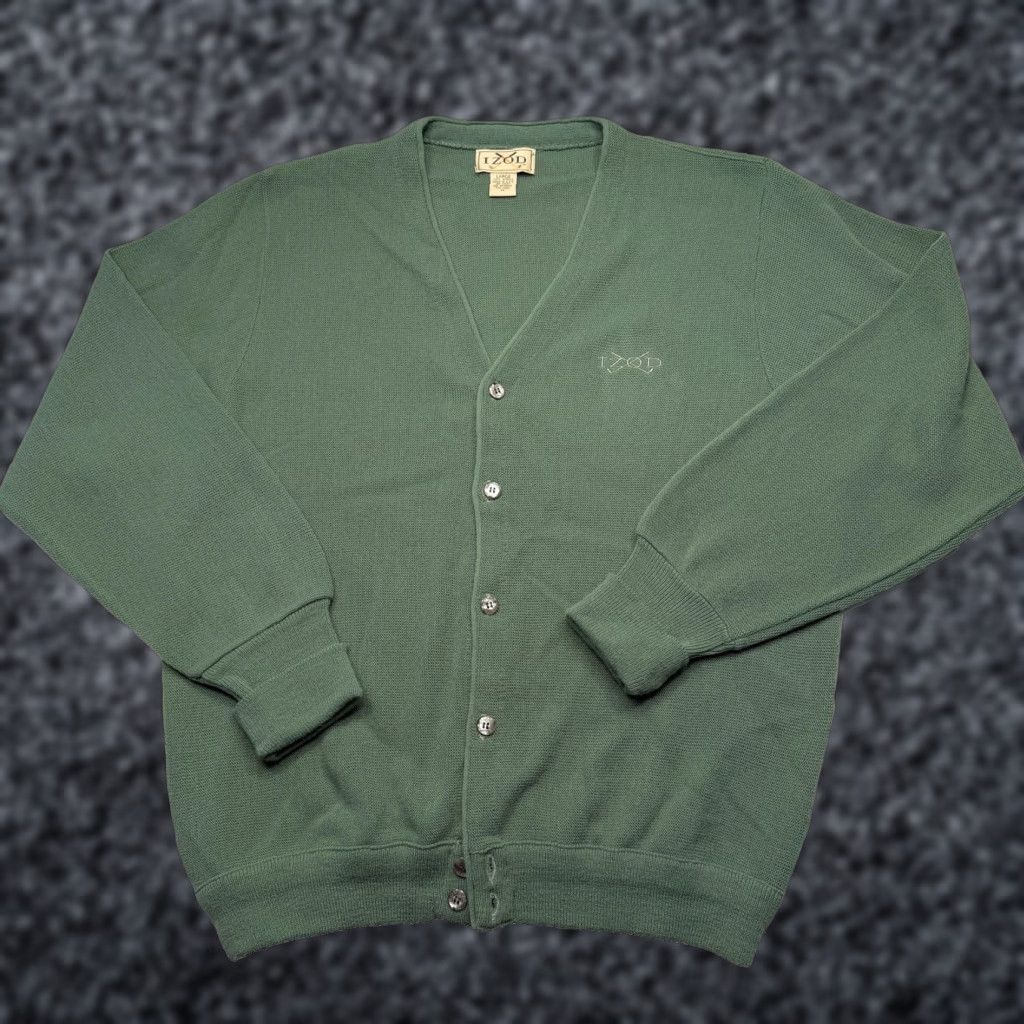 VINTAGE IZOD Sweater Mens Large Green Cardigan Button Front Grandpa Made USA 80s