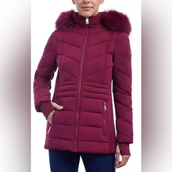 image of Michael Kors New NWT Women's Faux-Fur-Trim Hooded Puffer Coat Size Small in Red