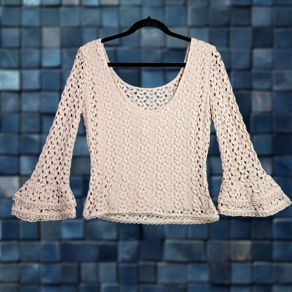 Free People Free People Women's Shirt Adult S Beige Crochet Lace Bell Sleeve Scoop Neck Top Size S / US 4 / IT 40 - 1 Thumbnail