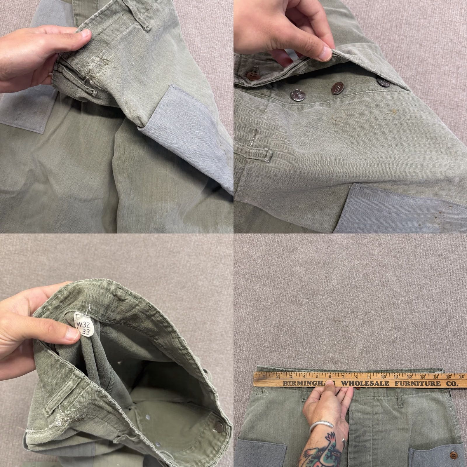 Vintage HBT Cotton Pants Men’s 30x30 Us Army Vintage 40s Military Modified Repaired Cargo Pants Green 30 Inseam 30 Size US 30 / EU 46 - 9 Thumbnail