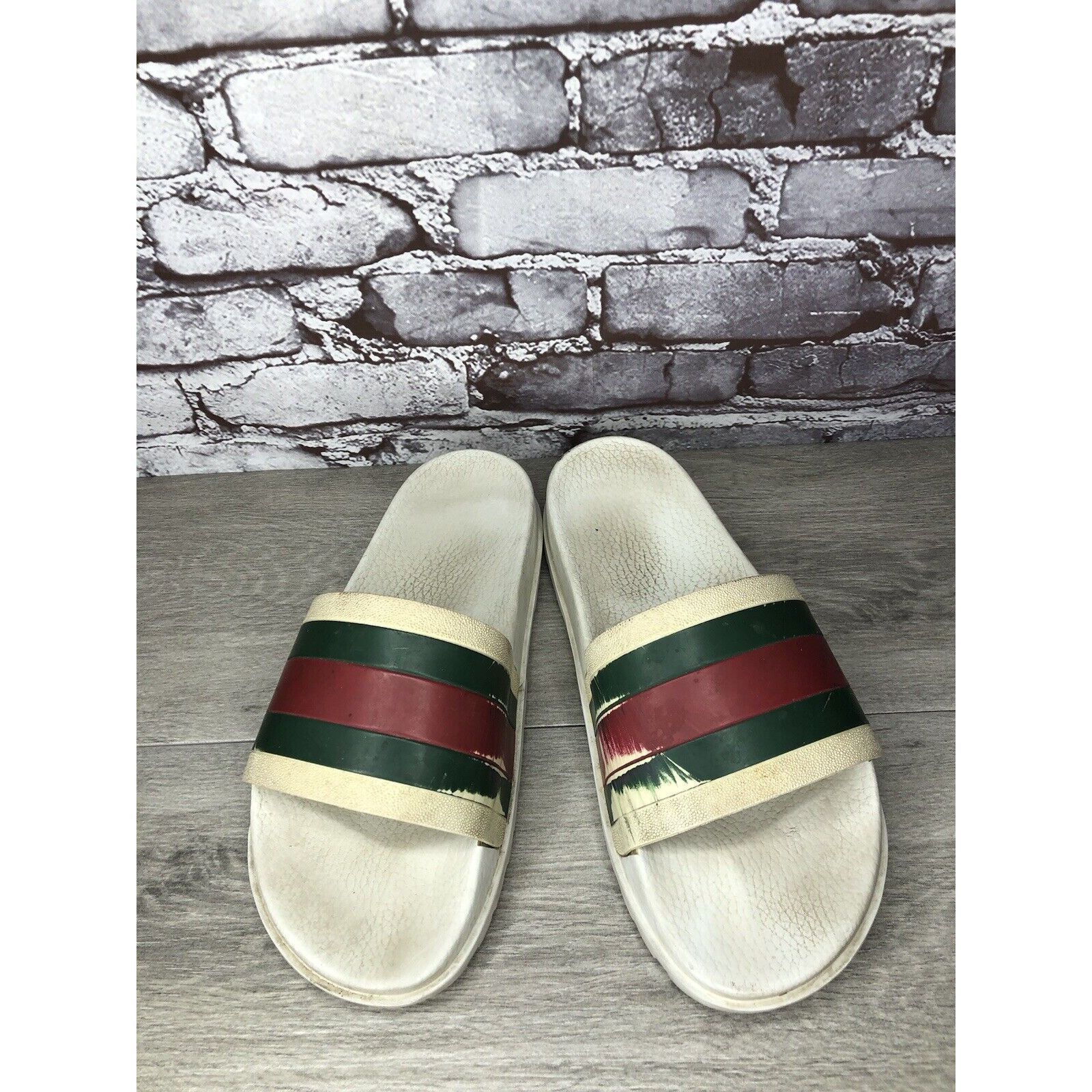 Gucci GUCCI Web White Rubber Logo Casual Slides Designer Sandals M Size US 11 / EU 44 - 14 Thumbnail