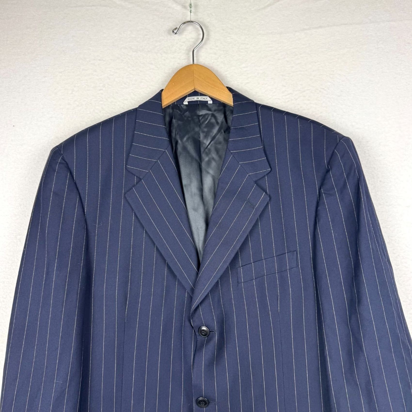 Vintage Bachrach Blazer Shirt: Mens 43 L Pisa Navy Blue Pin Stripe Super 120s Wool Silk Blazer Two Piece Notch Lapel 3-Button 4-Button Sleeve Size 46R - 4 Thumbnail