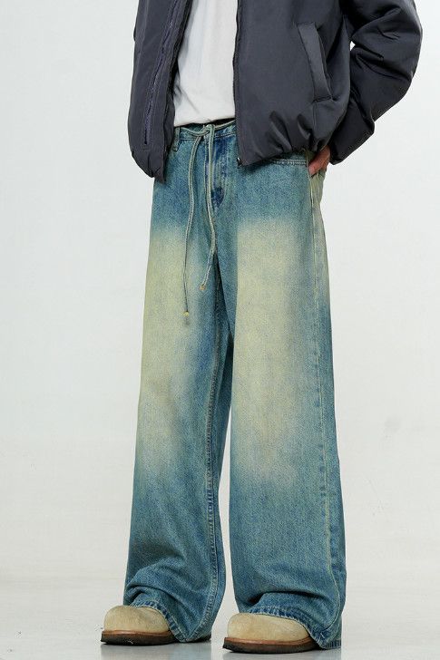 Vintage Men's washed blue drawstring distressed vintage loose jeans Size US 32 / EU 48 - 3 Thumbnail