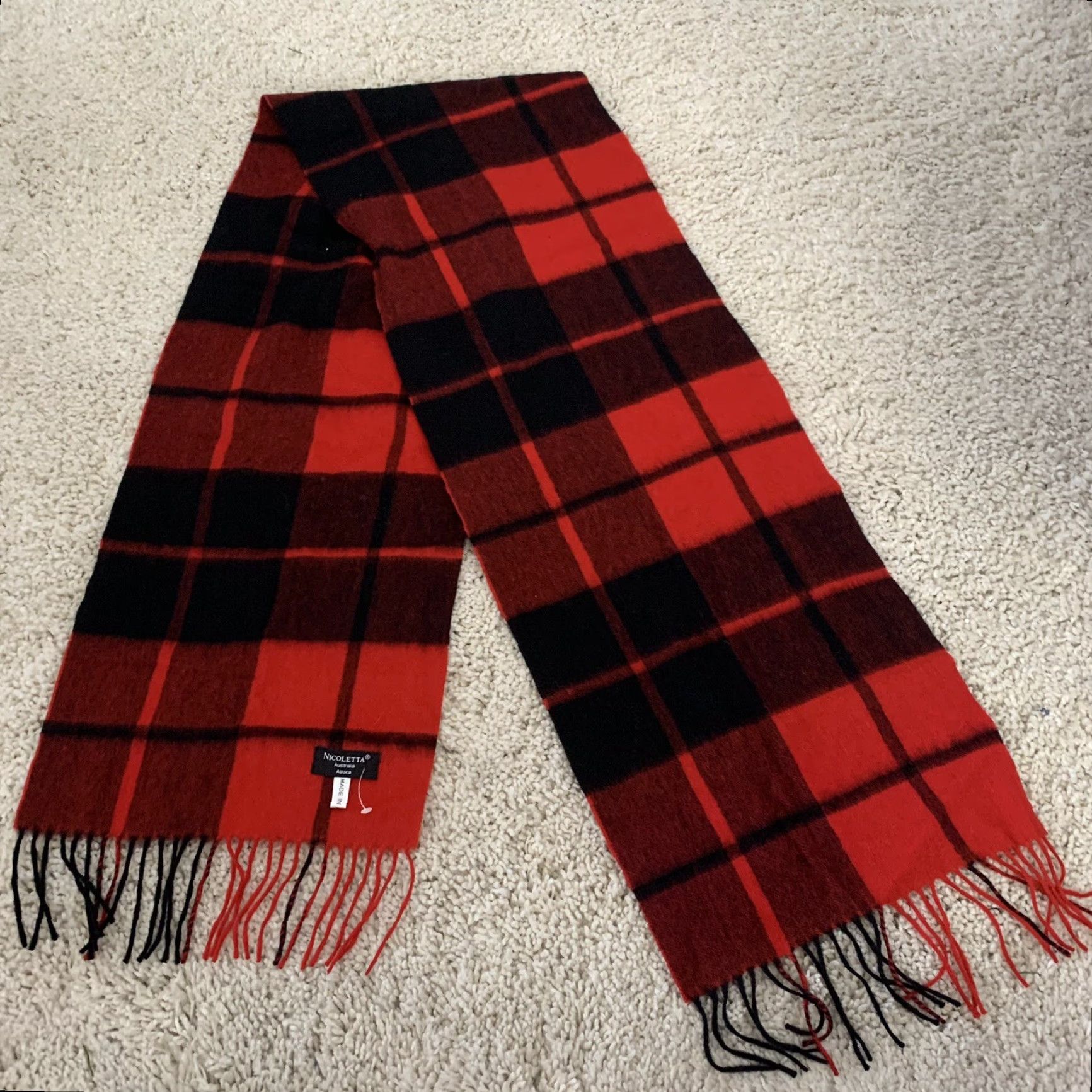 Vintage Nicoletta Scarf Plaid Rectangle Unisex 12x70 Red Black Lightweight Alpaca Wool Fringe Hand Wash Only Autumn Winter Spring Size ONE SIZE - 5 Thumbnail