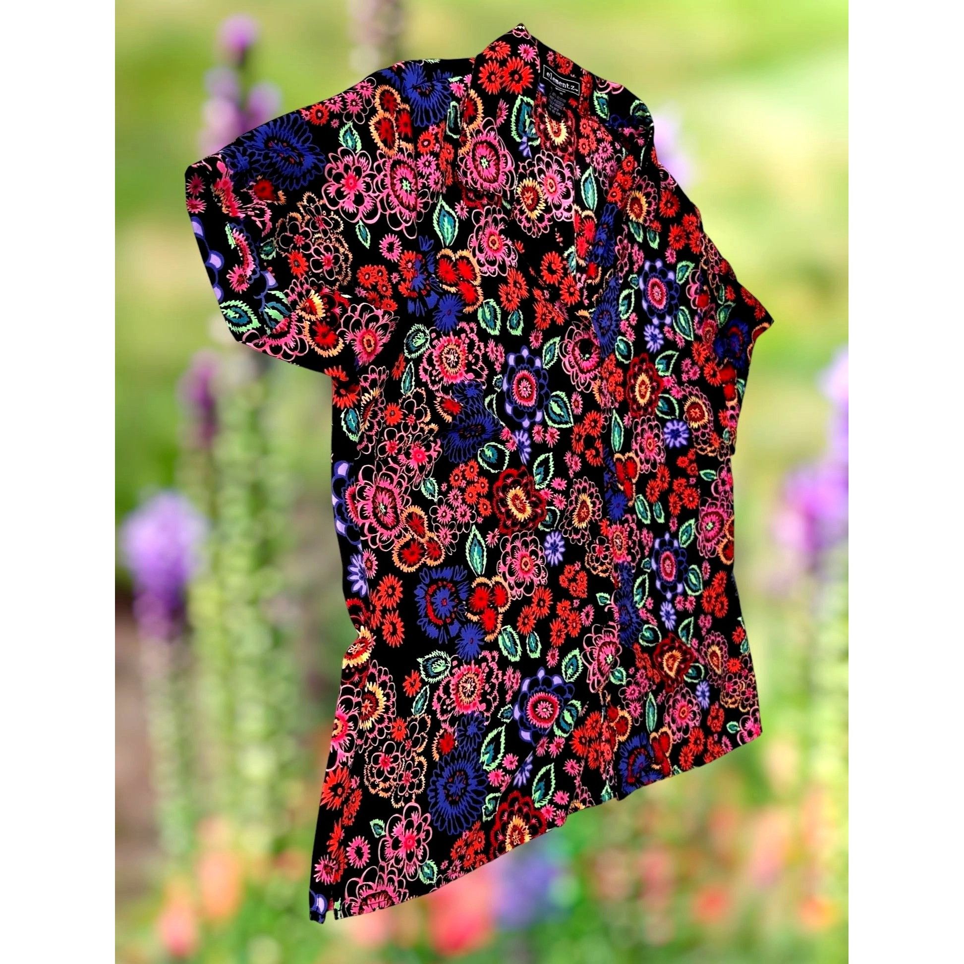 Vintage VTG Elementz Blouse Woman 1X Black Floral Shirt Button Short Size XL / US 12-14 / IT 48-50 - 2 Thumbnail