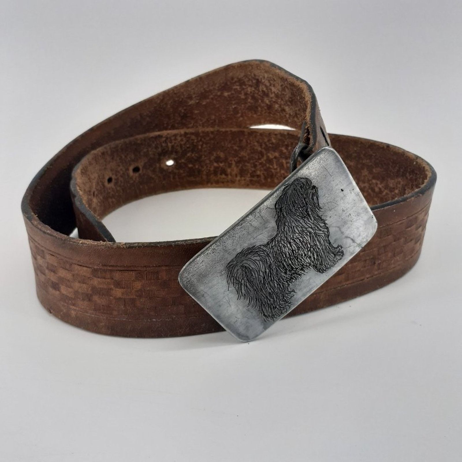Other Men's Tooled Brown Leather Belt Basket Weave Shaggy Dog 34 Size 34 - 2 Thumbnail