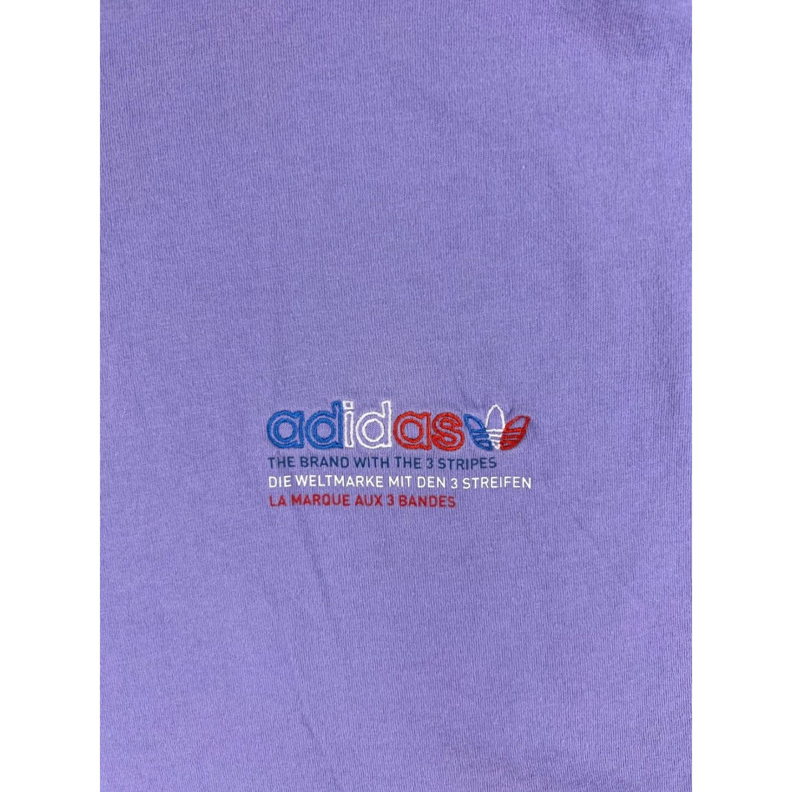 Adidas VINTAGE? No. Adidas Shirt Womens Small Purple Oversize Spellout Trefoil 100% Cotton 3 Stripe Size S / US 4 / IT 40 - 3 Thumbnail