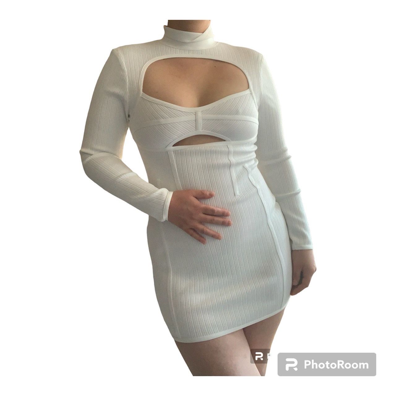 Designer White Cut Out Bodycon Mini Dress Size M / US 6-8 / IT 42-44 - 1 Thumbnail