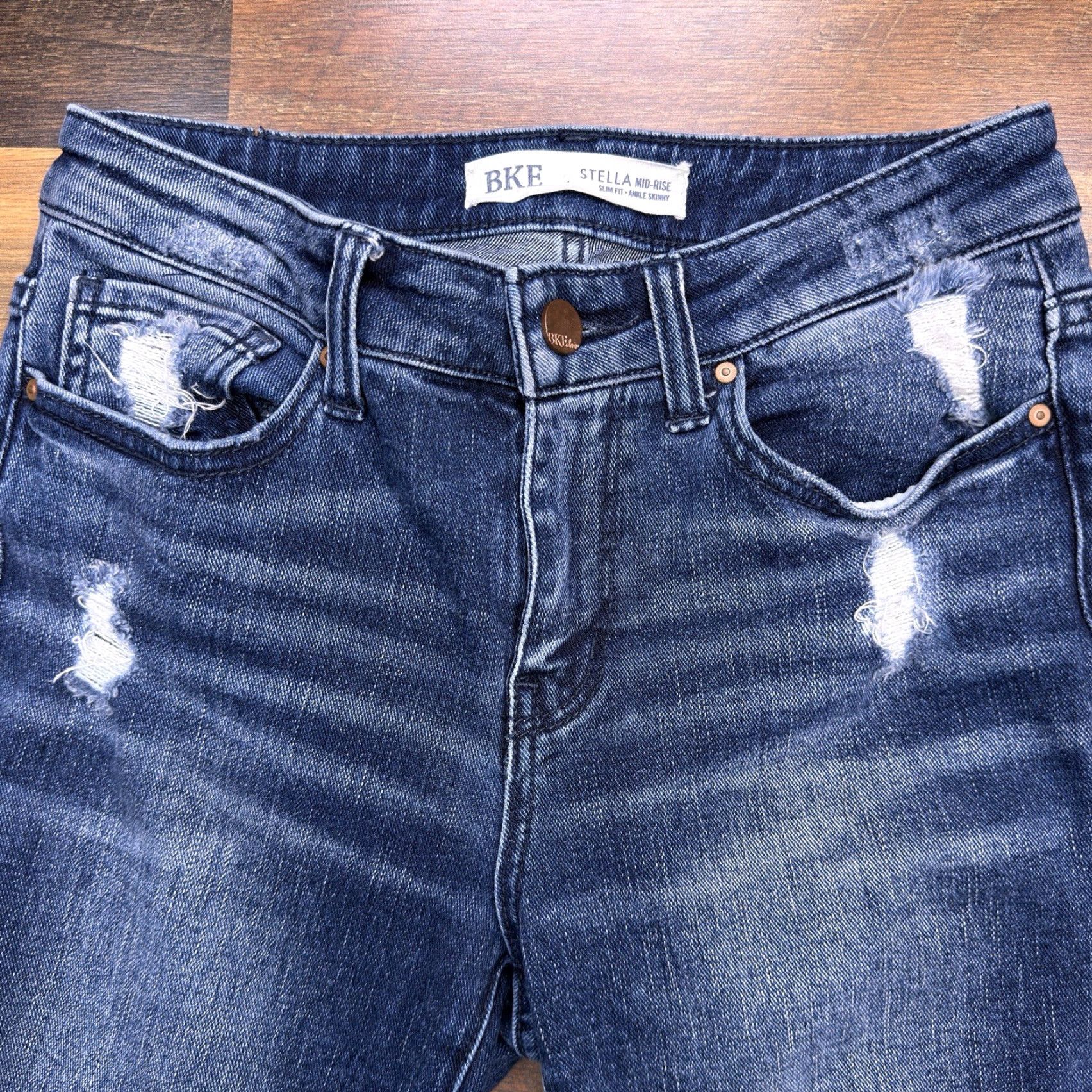Vintage BKE Stella Ankle Skinny Jeans Womens 25 Mid Rise Stretch Distressed Jeans Blue 5-Pocket Denim Slim Regular Inseam 25.5in Size 42" / US 20 - 3 Thumbnail