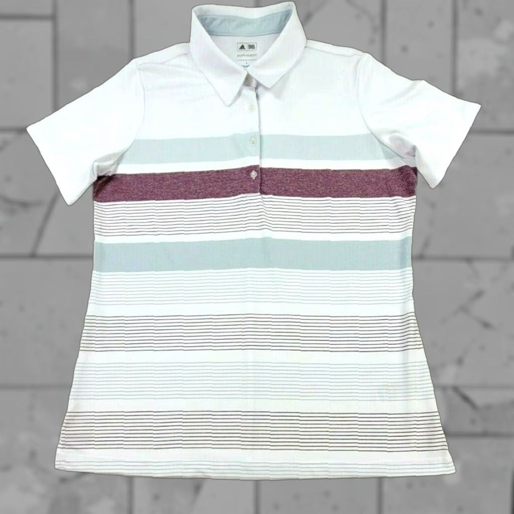 Adidas Adidas Polo Shirt Women Large White Striped Short Sleeve 1/4 Button Logo Embroidered Jersey Polyester Size L / US 10 / IT 46 - 1 Thumbnail