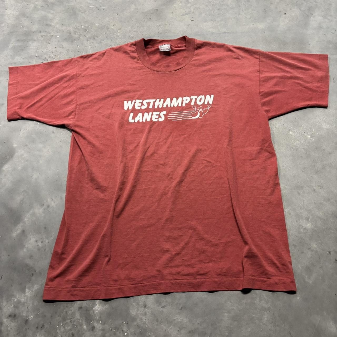 Japanese Brand × Vintage Crazy Vintage 90s Faded Red Bowling Single Stitch Graphic Tee! Size US XL / EU 56 / 4 - 1 Thumbnail