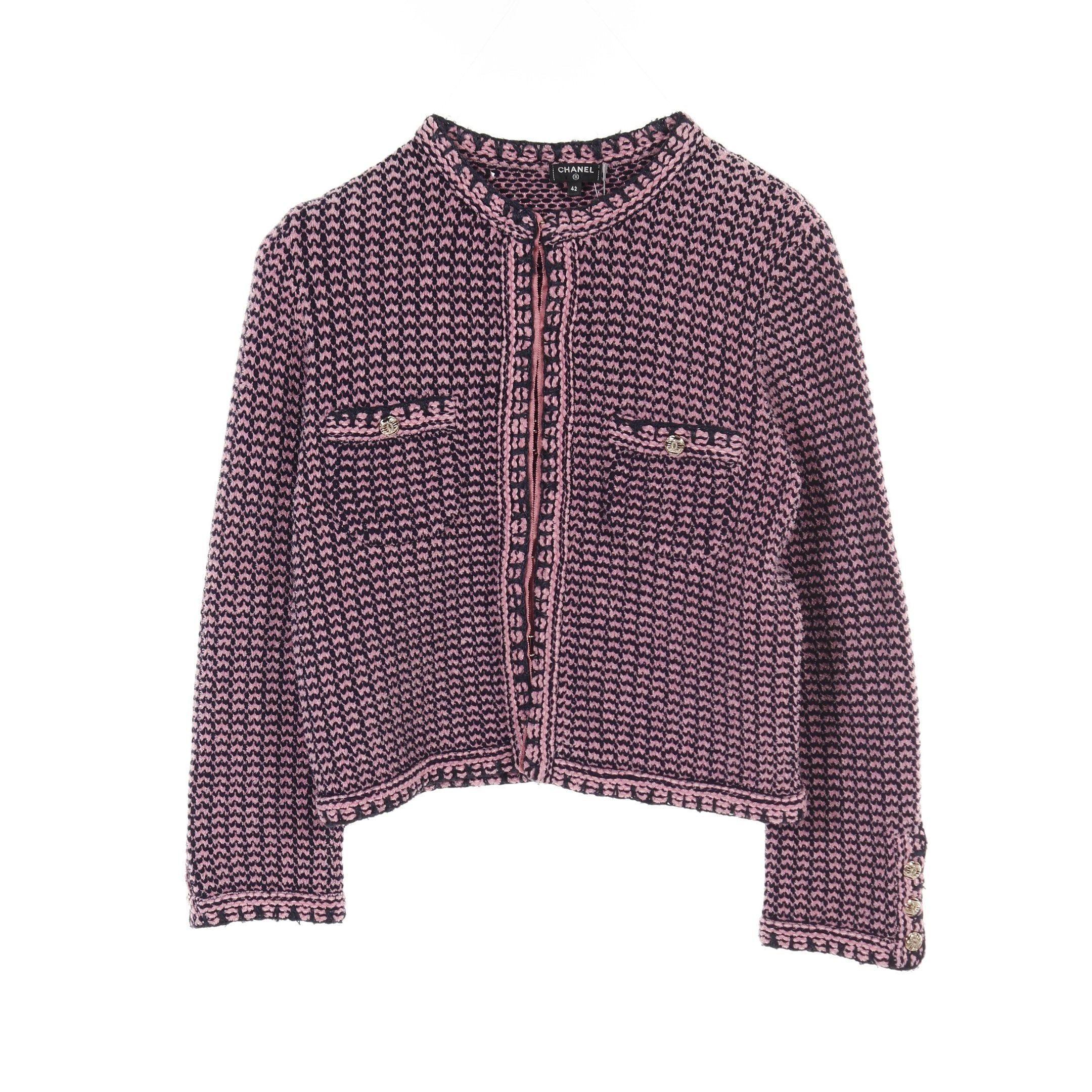 Chanel Chanel Cocomark Button Knitted Jacket Tweed Cardigan Cashmere Cotton Pink Navy 21P Size ONE SIZE - 1 Thumbnail