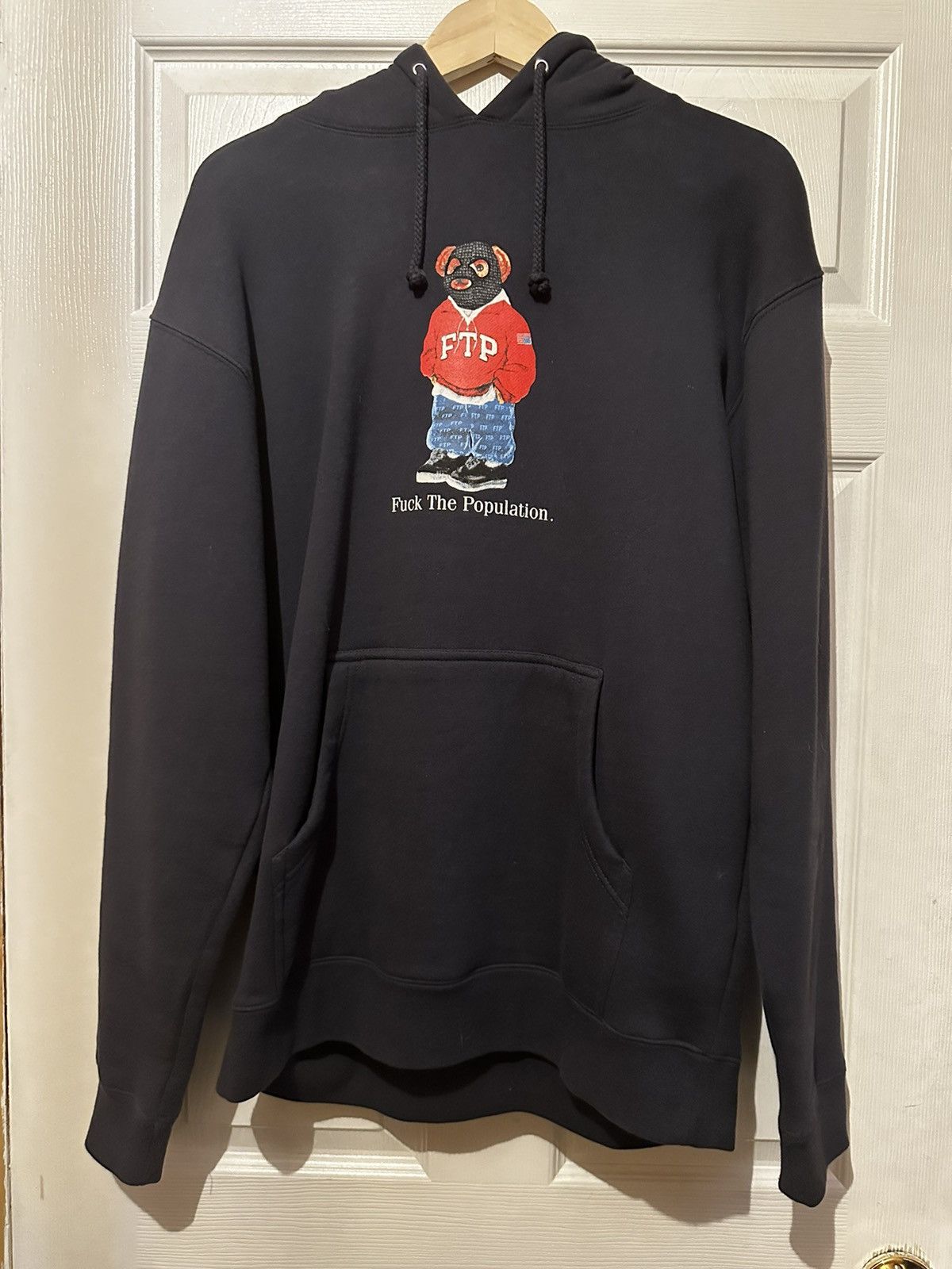 image of Fuck The Population Ftp Bear Pullover Hoodie Navy Medium, Men's
