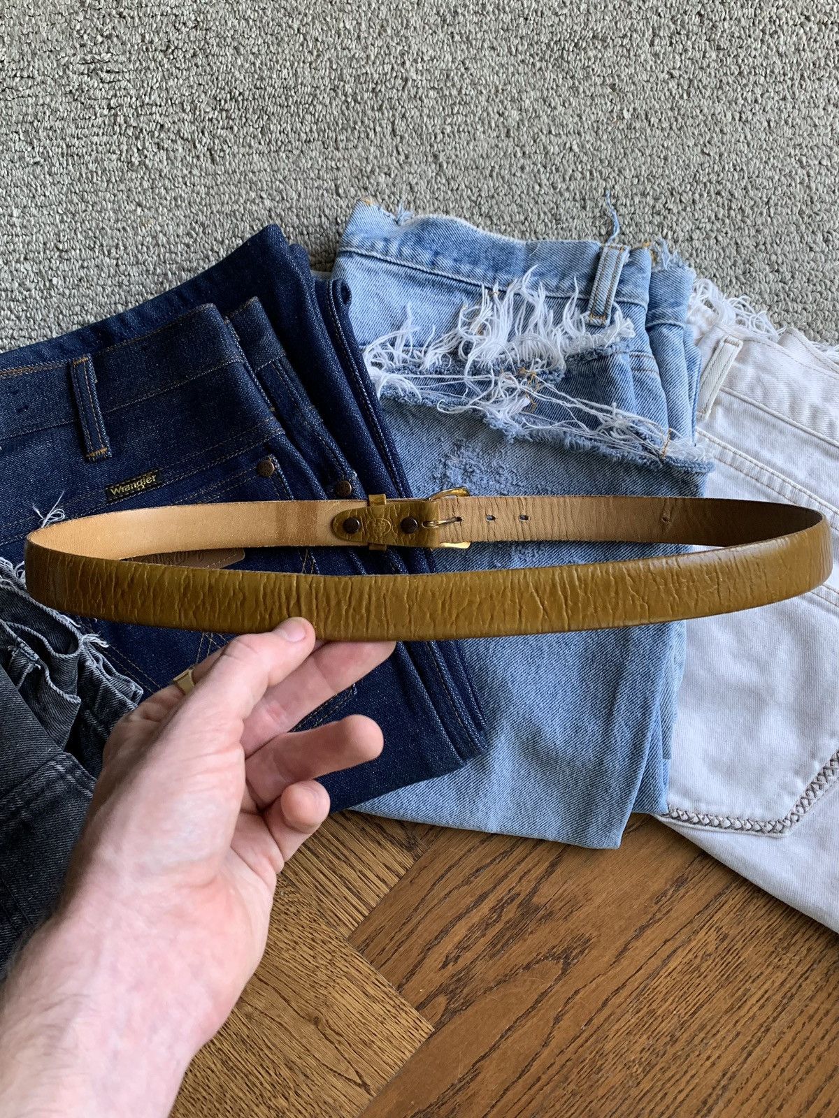Other × Vintage Vintage Stag Grain Leather Belt 70s Deer Buckskin Odd Buckle Size ONE SIZE - 4 Thumbnail
