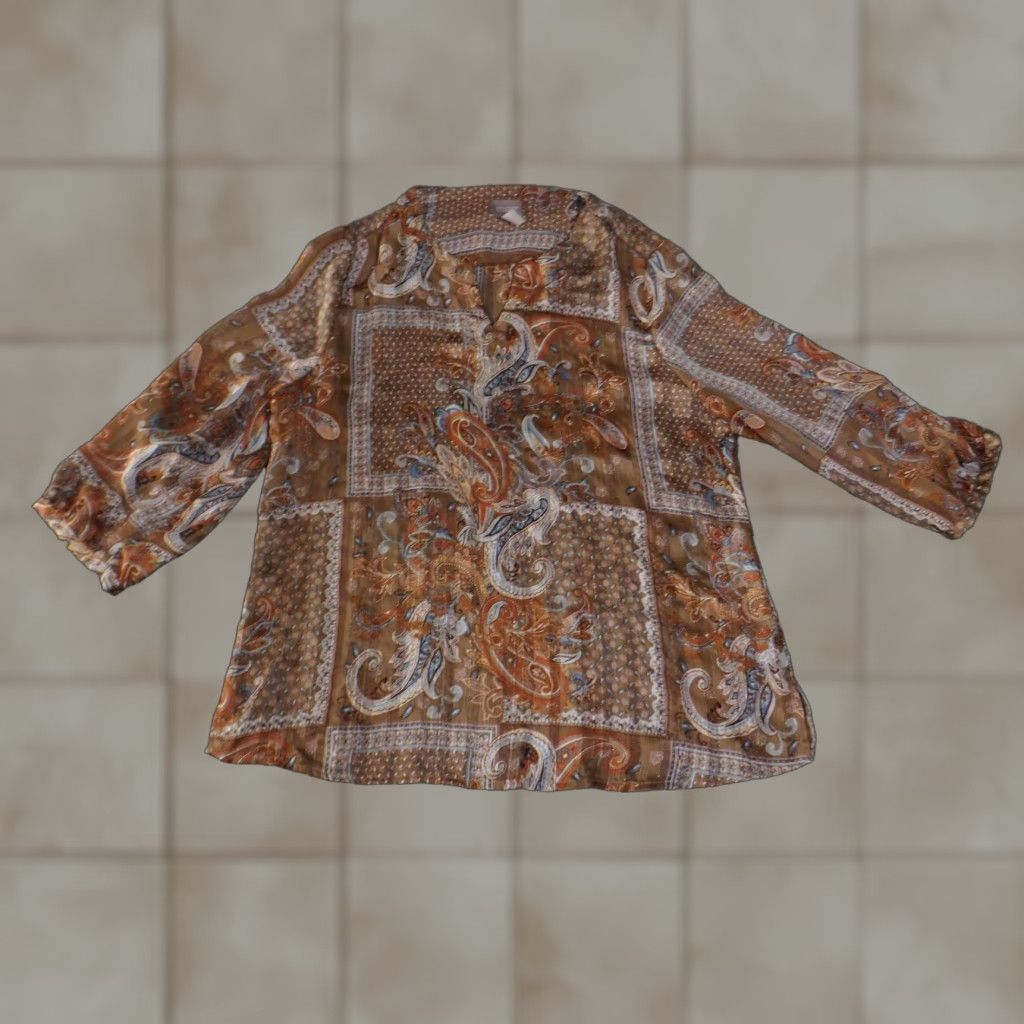 Vintage Chico's Blouse Tunic Womens Medium Paisley Patchwork 3/4 Sleeve V-Neck Metallic Lightweight Sheer Boho Shirt Size XS / US 0-2 / IT 36-38 - 1 Thumbnail