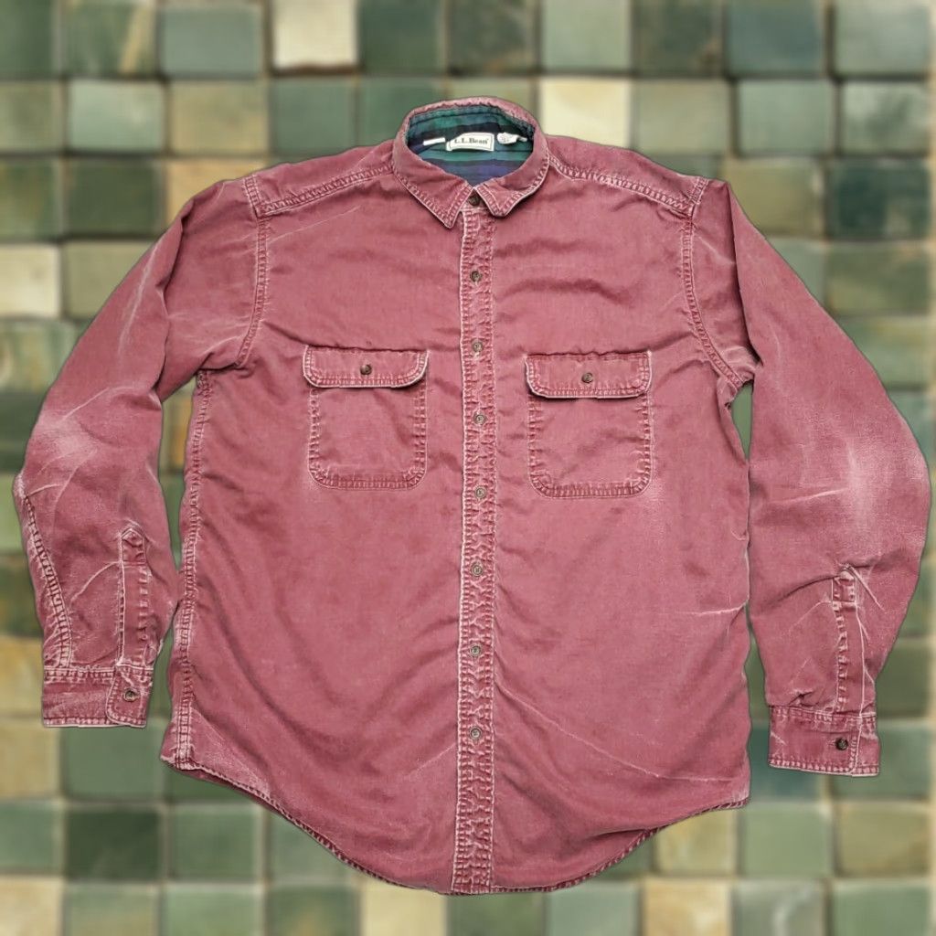VINTAGE LL Bean Shirt Jacket Mens LT Canvas Faded Flannel Lined Shacket Canada Made Shirt Jacket Mens LT Red Solid Cotton All Seasons 90s?