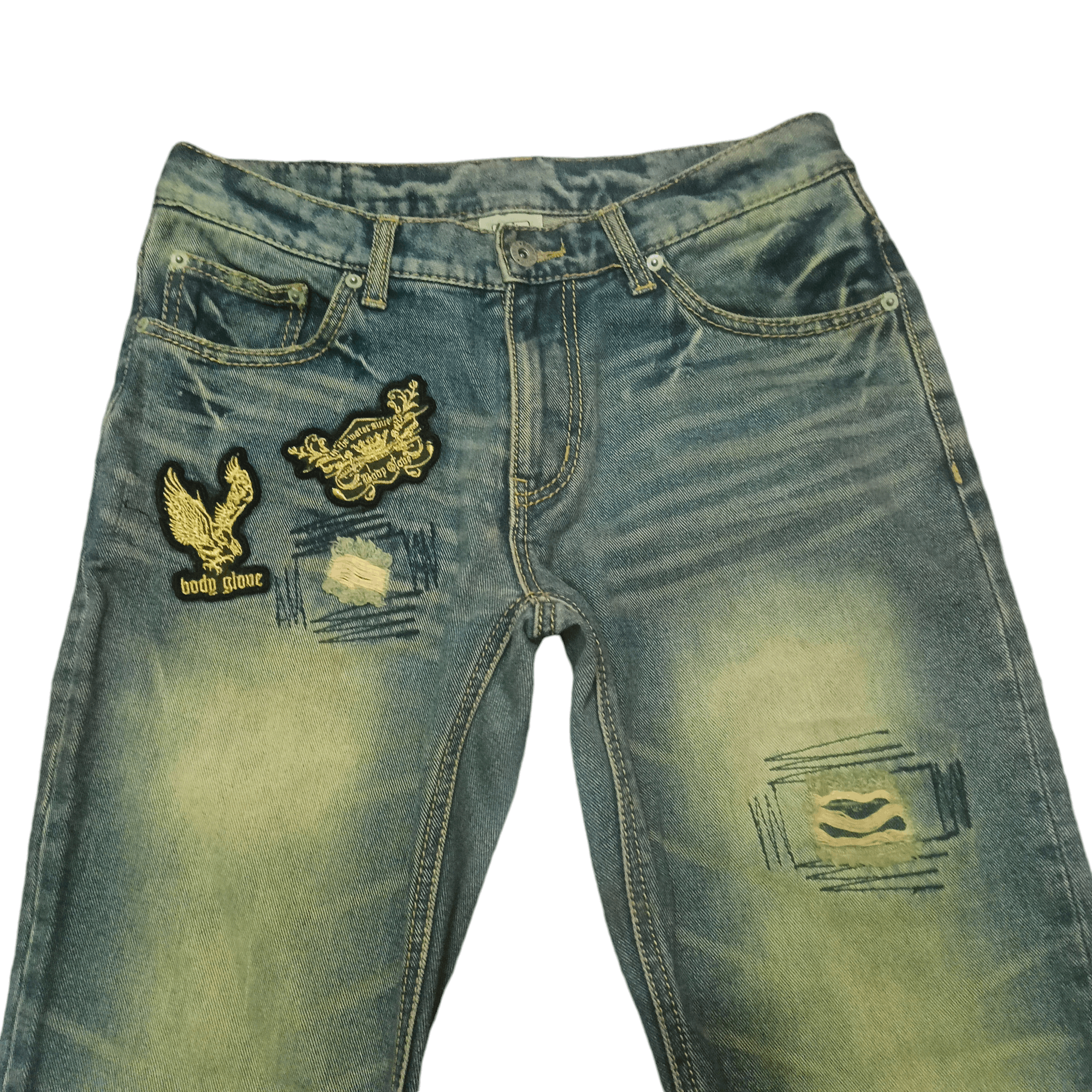 Body Glove × Japanese Brand Body glove distressed thrashed flare jeans patches patchwork Size US 31 - 3 Thumbnail