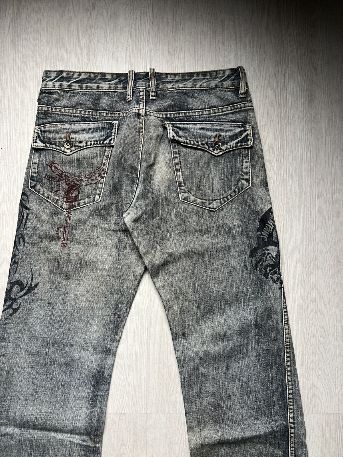 If Six Was Nine Semantic Design Tribal Tatto Printed Destroyed Flare Jeans Size US 32 / EU 48 - 4 Thumbnail