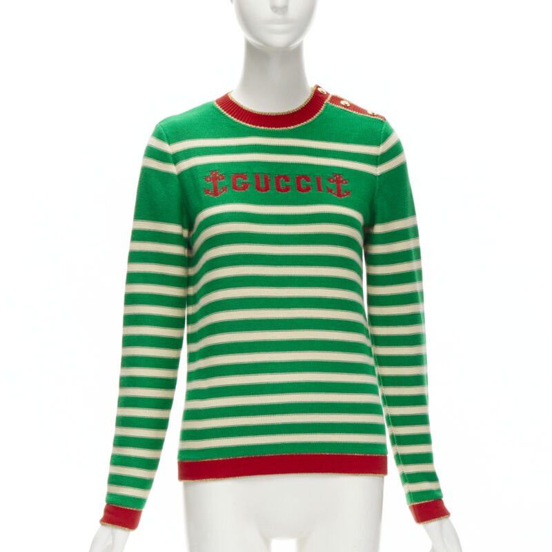 Gucci GUCCI Nautical sailor intarsia embroidery green beige striped sweater XS Size S / US 4 / IT 40 - 1 Thumbnail