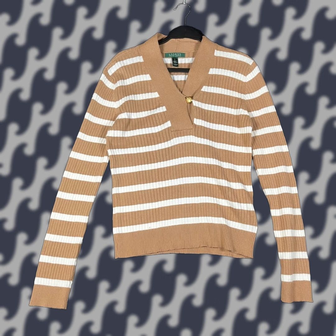 Ralph Lauren Lauren Ralph Lauren Tan White Striped Ribbed Knit Button V-Neck Sweater Large Pullover Women Gift Logo Vintage No Size L / US 10 / IT 46 - 1 Thumbnail