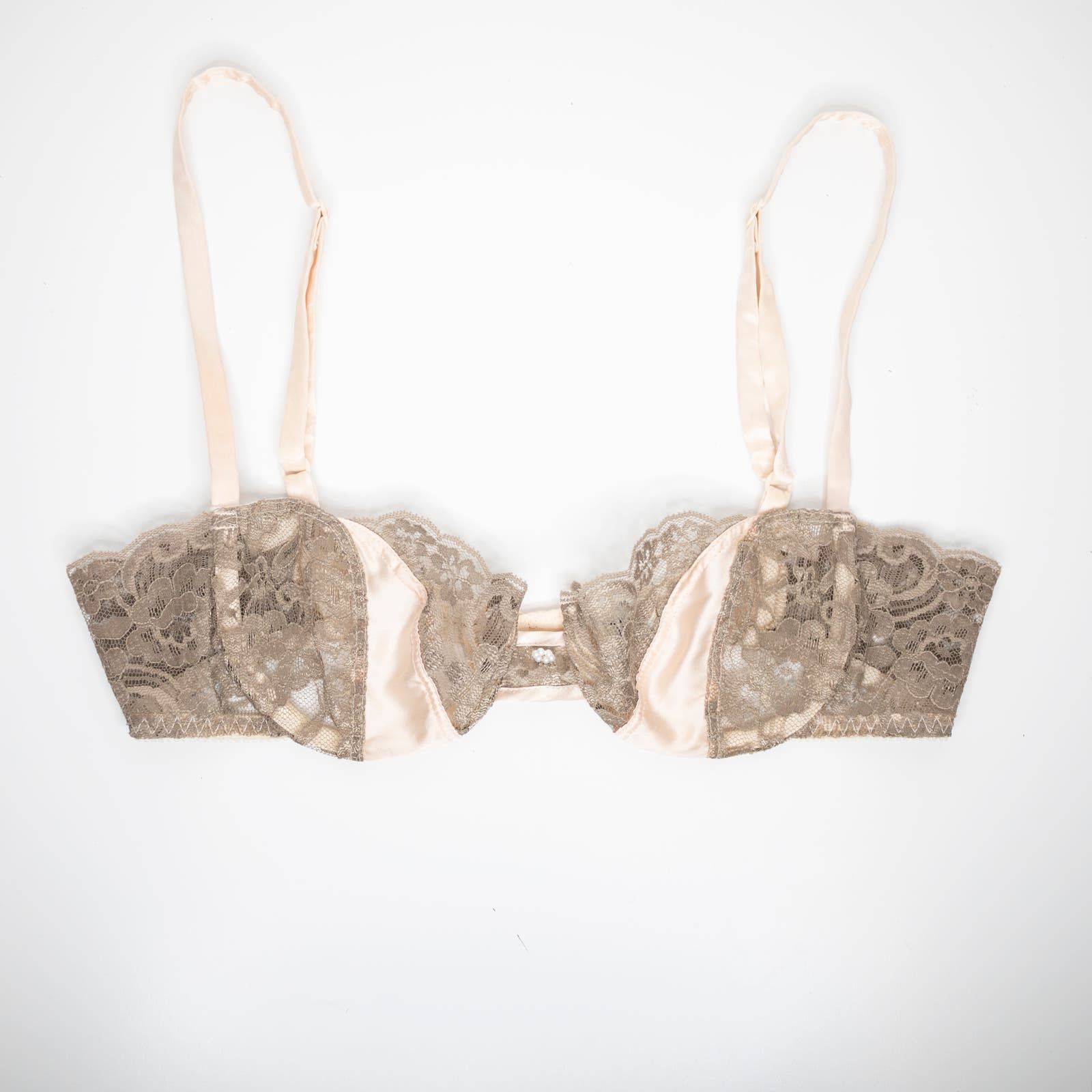 image of Christian Dior Vintage Lace Satin Balconette Bra in Brown/Blush, Women's (Size XS)