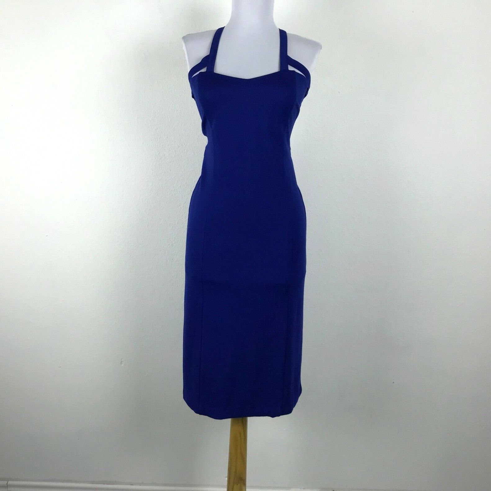 image of Vintage Kathrin Henon Dress Small Cobalt Blue Sleeveless Cross Back Stretch Knit Sheath in White, W