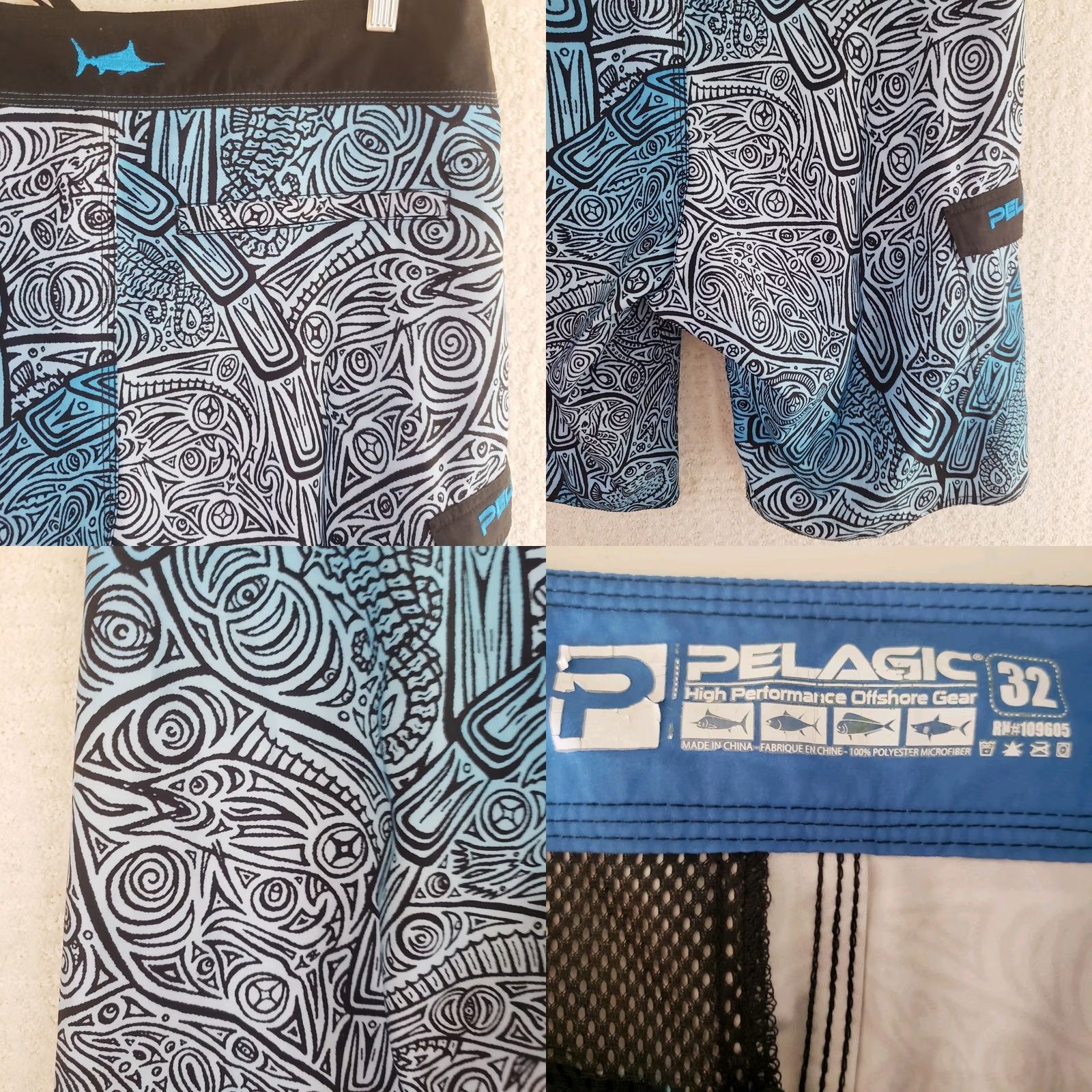 Vintage Pelagic Shorts Mens 32x11 Blue White Geometric Board Shorts Trunks Swim Fishing Mens Size US 32 / EU 48 - 9 Thumbnail