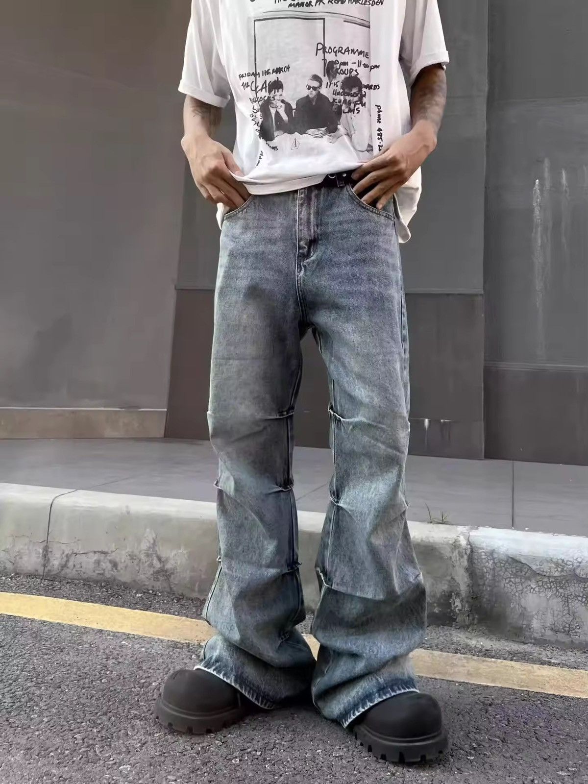 Japanese Brand × Jean Pleated Pattern Micro Flared Jeans Size US 31 - 4 Thumbnail